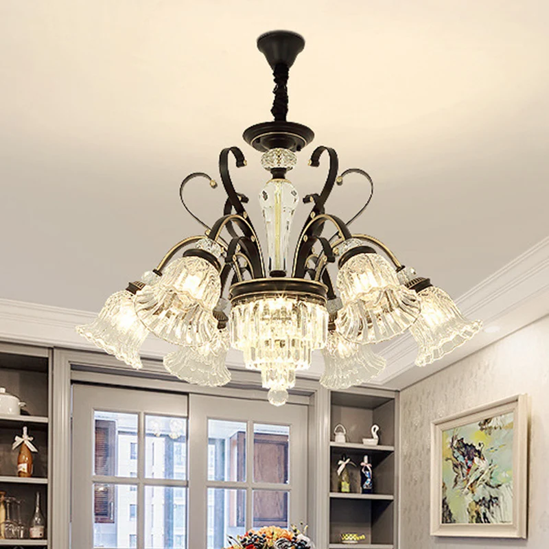 Lustre traditionnel à 6 lumières, luminaire suspendu à motif floral et ombrage en cristal transparent, noir Clearhalo