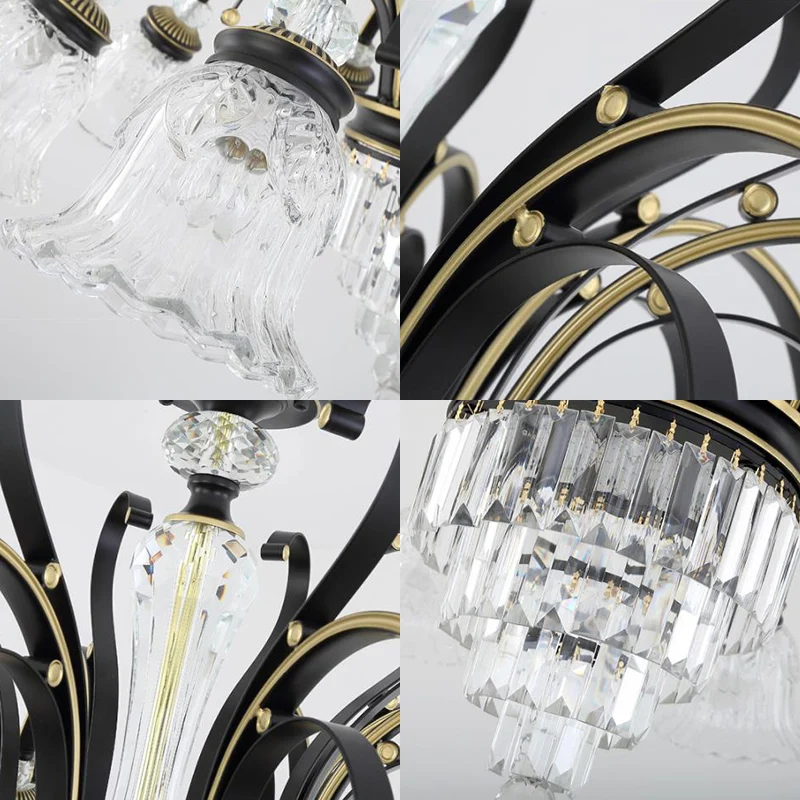 Lustre traditionnel à 6 lumières, luminaire suspendu à motif floral et ombrage en cristal transparent, noir Clearhalo