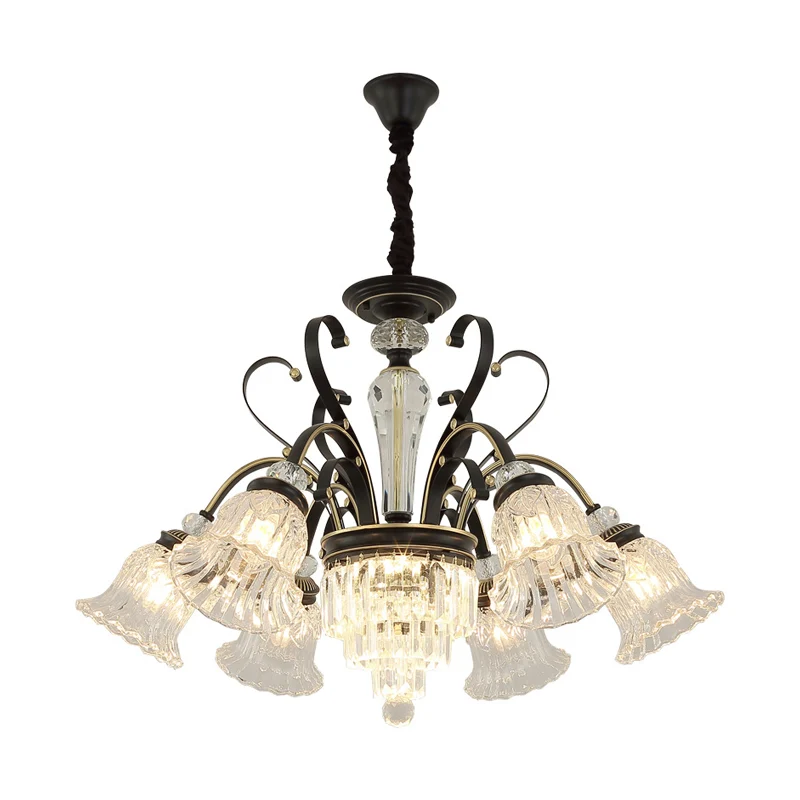 Lustre traditionnel à 6 lumières, luminaire suspendu à motif floral et ombrage en cristal transparent, noir Clearhalo