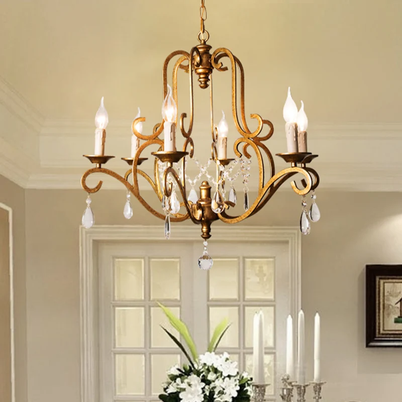 Lustre traditionnel de style bougie, 6 lumières, Kit de lampe suspendue en cristal en laiton pour cuisine Clearhalo