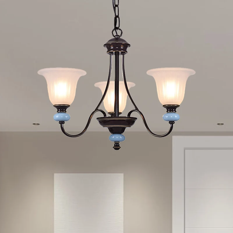 Lustre à 3/6 têtes, éclairage de salon traditionnel, lampe à Suspension avec large abat-jour en verre blanc évasé en noir...