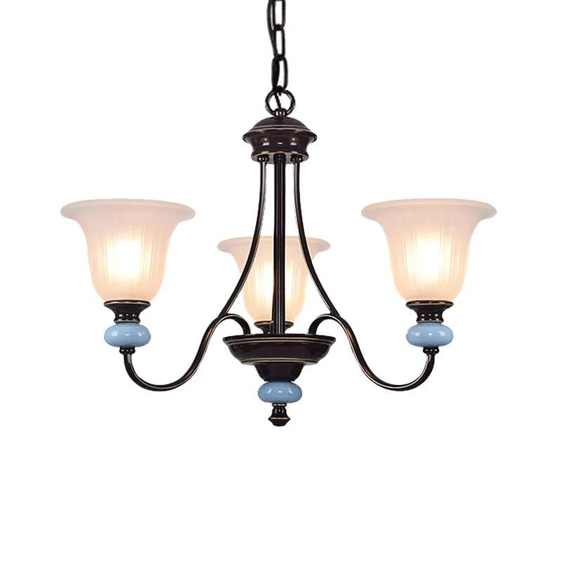 Lustre à 3/6 têtes, éclairage de salon traditionnel, lampe à Suspension avec large abat-jour en verre blanc évasé en noir...