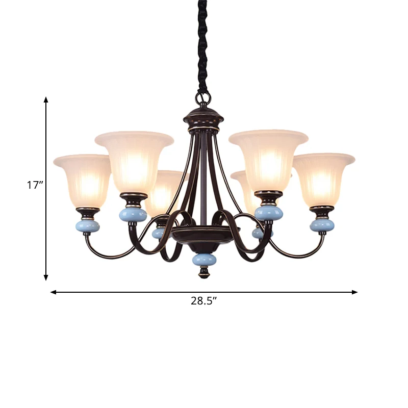 Lustre à 3/6 têtes, éclairage de salon traditionnel, lampe à Suspension avec large abat-jour en verre blanc évasé en noir...