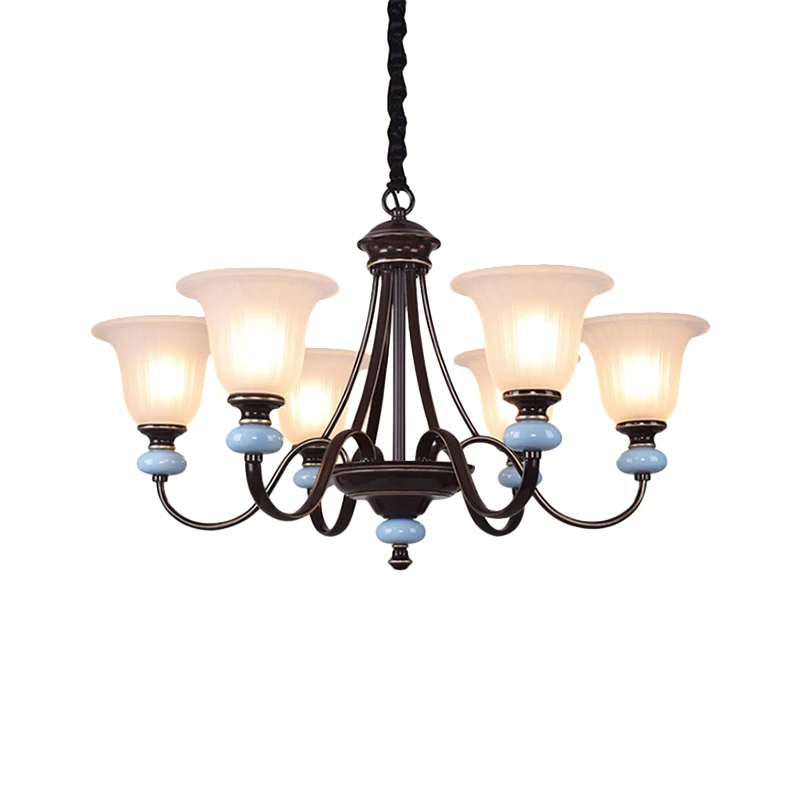Lustre à 3/6 têtes, éclairage de salon traditionnel, lampe à Suspension avec large abat-jour en verre blanc évasé en noir...