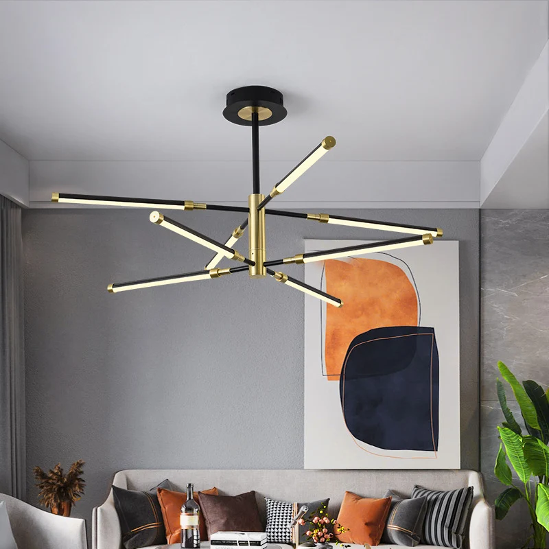 Lustre tubulaire LED contemporain en acrylique, 6/8 têtes, pendentif suspendu noir et or/blanc et or Clearhalo