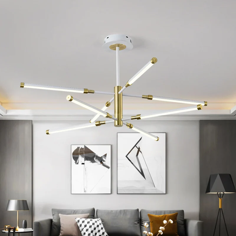 Lustre tubulaire LED contemporain en acrylique, 6/8 têtes, pendentif suspendu noir et or/blanc et or Clearhalo