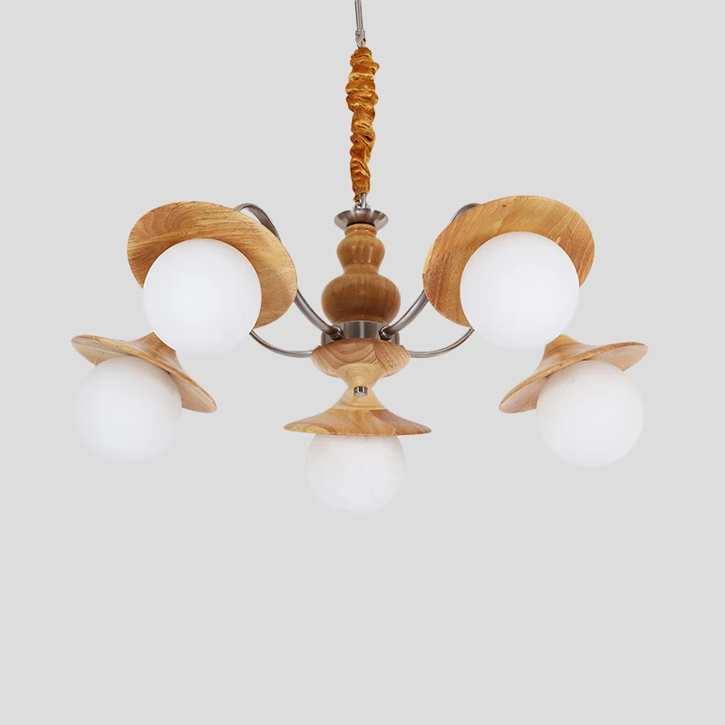 Lustre évasé moderne en bois, 5 ampoules, Kit d'éclairage suspendu pour Restaurant, avec abat-jour en verre crème boule Cl...