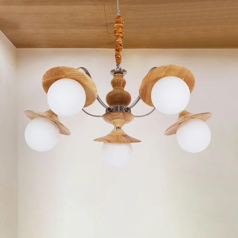 Lustre évasé moderne en bois, 5 ampoules, Kit d'éclairage suspendu pour Restaurant, avec abat-jour en verre crème boule Cl...