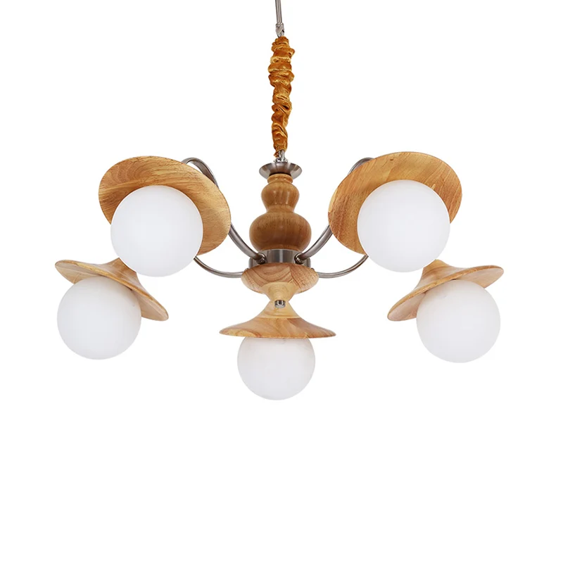 Lustre évasé moderne en bois, 5 ampoules, Kit d'éclairage suspendu pour Restaurant, avec abat-jour en verre crème boule Cl...