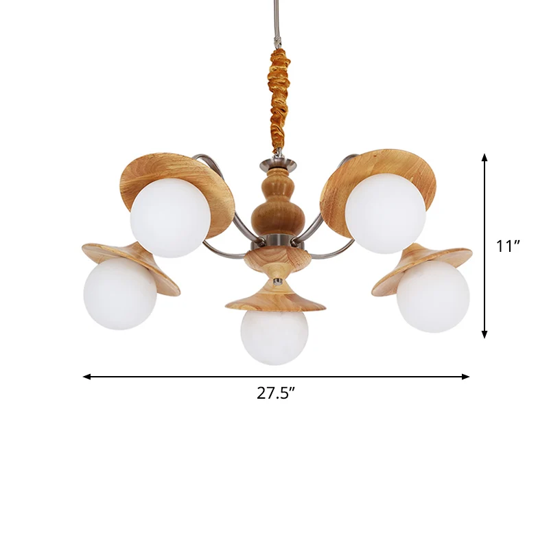 Lustre évasé moderne en bois, 5 ampoules, Kit d'éclairage suspendu pour Restaurant, avec abat-jour en verre crème boule Cl...