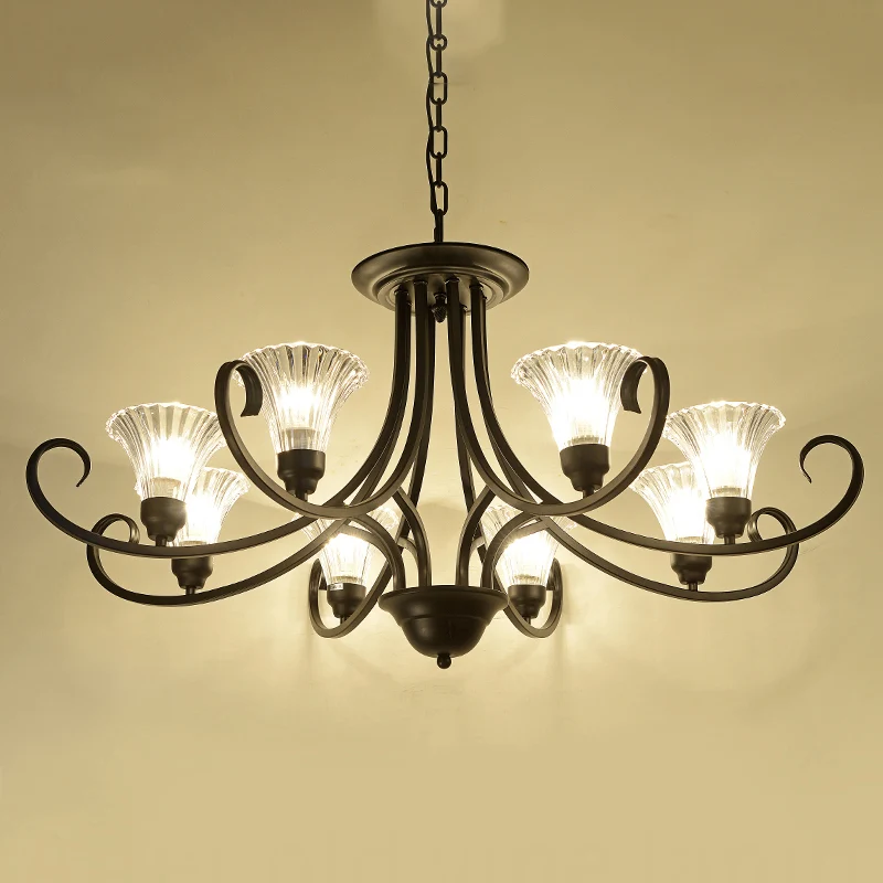 Lustre évasé en verre nervuré transparent, plafonnier rétro de salon avec bras tourbillonnant en noir Clearhalo