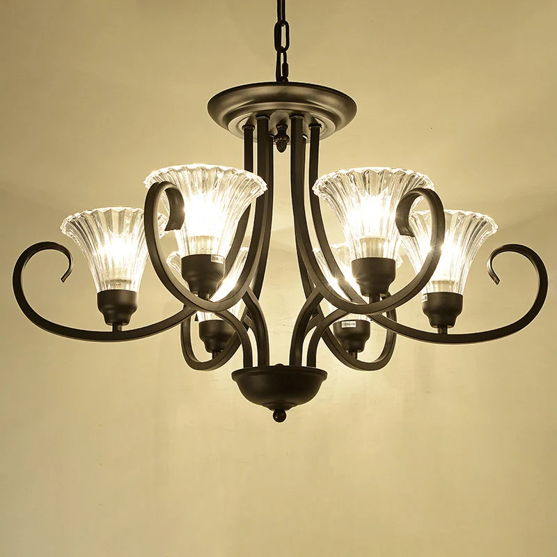 Lustre évasé en verre nervuré transparent, plafonnier rétro de salon avec bras tourbillonnant en noir Clearhalo