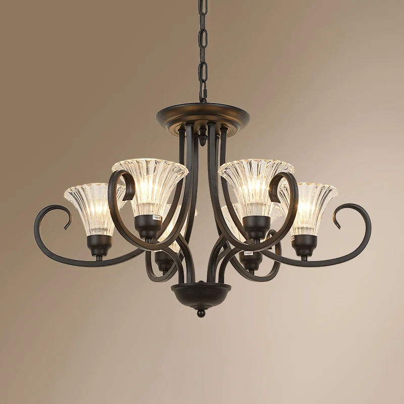 Lustre évasé en verre nervuré transparent, plafonnier rétro de salon avec bras tourbillonnant en noir Clearhalo