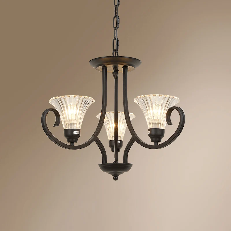 Lustre évasé en verre nervuré transparent, plafonnier rétro de salon avec bras tourbillonnant en noir Clearhalo