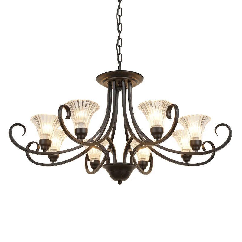Lustre évasé en verre nervuré transparent, plafonnier rétro de salon avec bras tourbillonnant en noir Clearhalo