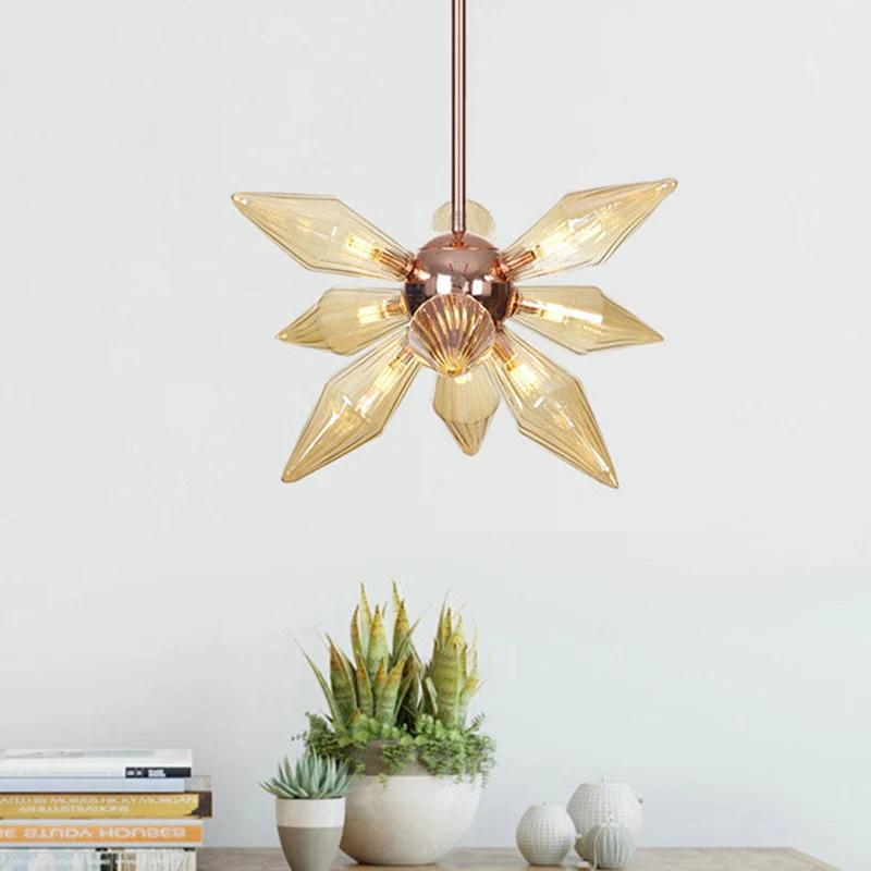 Lustre en verre ambré et diamant, modernisme, 9/12 têtes, plafonnier en or Rose, luminaire suspendu pour salon Clearhalo