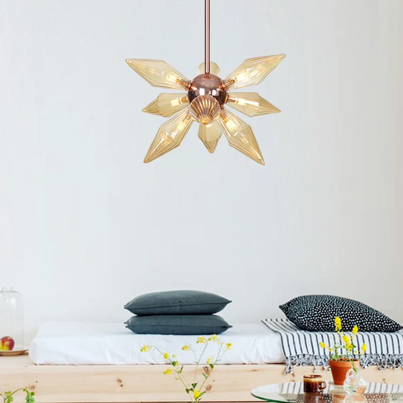 Lustre en verre ambré et diamant, modernisme, 9/12 têtes, plafonnier en or Rose, luminaire suspendu pour salon Clearhalo