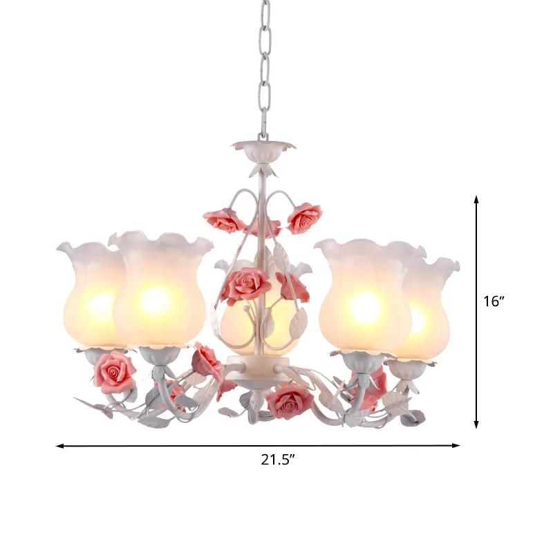 Lustre en verre blanc à fleurs, lumière pastorale, 5 ampoules, luminaire suspendu pour salle à manger, rose Clearhalo