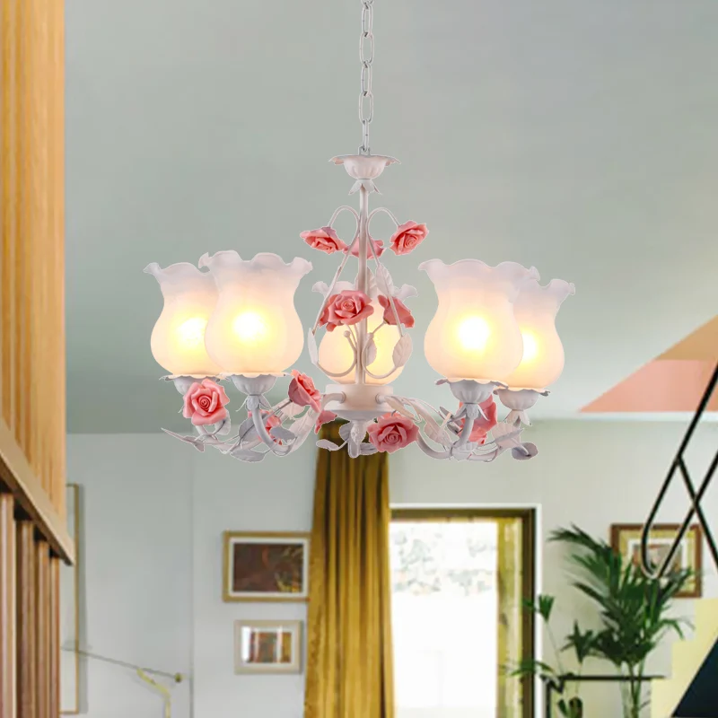 Lustre en verre blanc à fleurs, lumière pastorale, 5 ampoules, luminaire suspendu pour salle à manger, rose Clearhalo