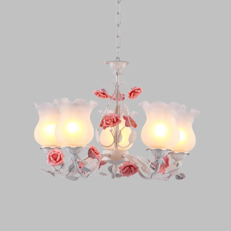 Lustre en verre blanc à fleurs, lumière pastorale, 5 ampoules, luminaire suspendu pour salle à manger, rose Clearhalo