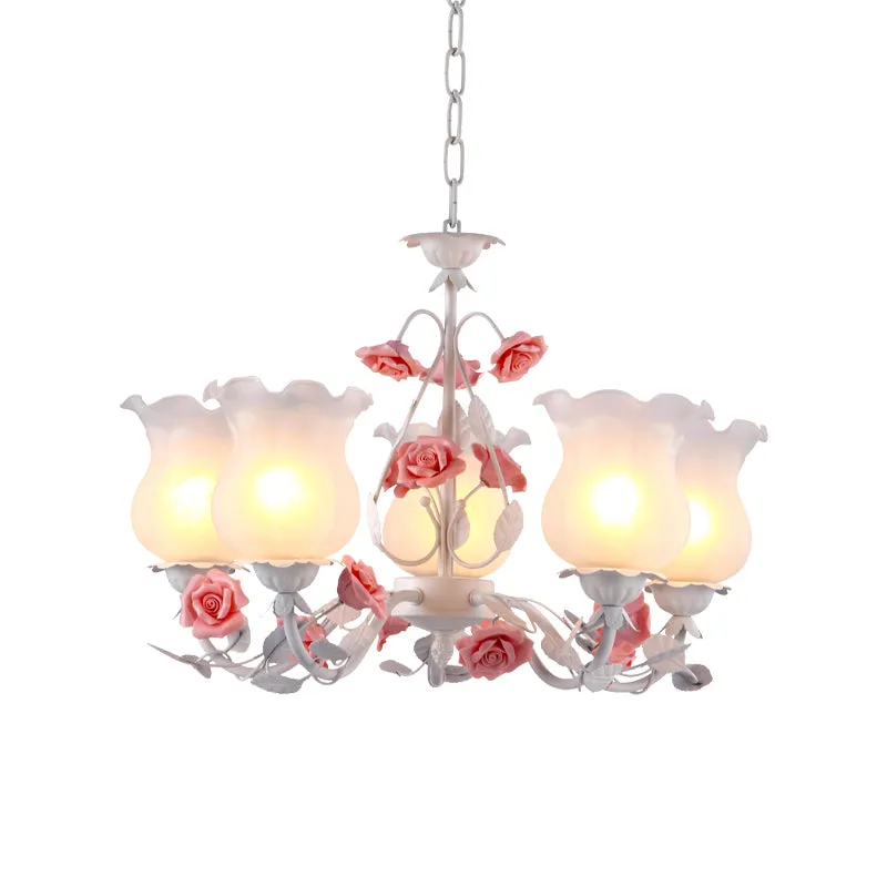 Lustre en verre blanc à fleurs, lumière pastorale, 5 ampoules, luminaire suspendu pour salle à manger, rose Clearhalo