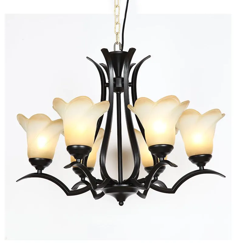 Lustre en verre blanc à fleurs à 1/2 niveaux, éclairage traditionnel à 3/6/8 lumières, plafonnier suspendu noir pour salon...