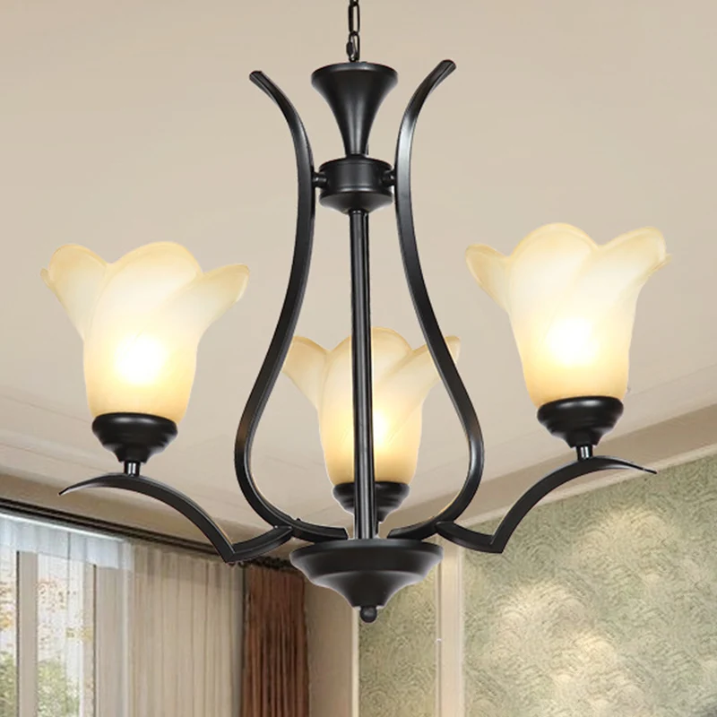 Lustre en verre blanc à fleurs à 1/2 niveaux, éclairage traditionnel à 3/6/8 lumières, plafonnier suspendu noir pour salon...