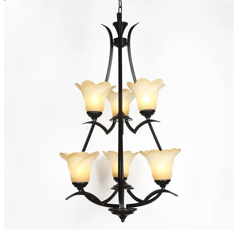 Lustre en verre blanc à fleurs à 1/2 niveaux, éclairage traditionnel à 3/6/8 lumières, plafonnier suspendu noir pour salon...