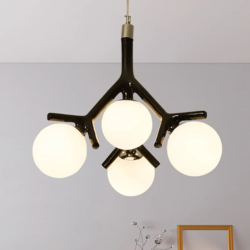 Lustre en verre blanc Global avec branche Design contemporain 4 lumières blanc/noir/rouge plafonnier suspendu Clearhalo