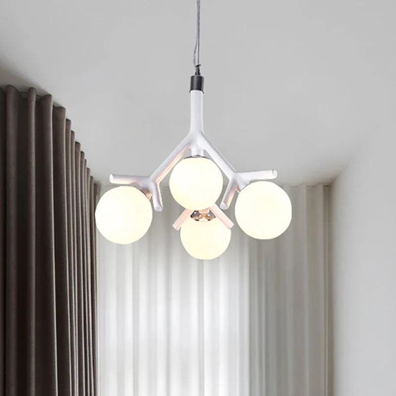 Lustre en verre blanc Global avec branche Design contemporain 4 lumières blanc/noir/rouge plafonnier suspendu Clearhalo