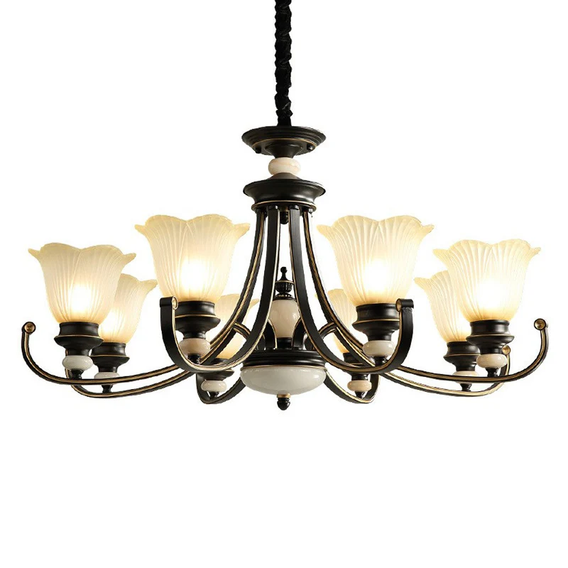 Lustre en verre dépoli en forme de fleur, éclairage suspendu classique pour salle à manger en noir Clearhalo