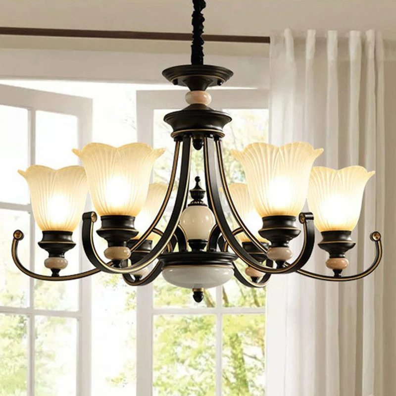 Lustre en verre dépoli en forme de fleur, éclairage suspendu classique pour salle à manger en noir Clearhalo