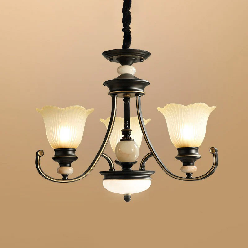 Lustre en verre dépoli en forme de fleur, éclairage suspendu classique pour salle à manger en noir Clearhalo