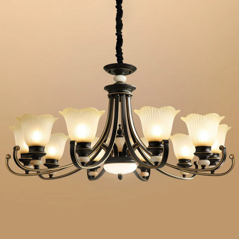 Lustre en verre dépoli en forme de fleur, éclairage suspendu classique pour salle à manger en noir Clearhalo