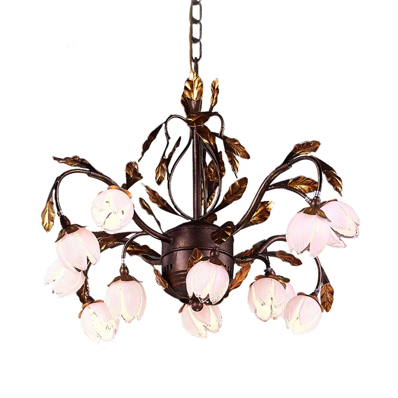 Lustre en verre violet de style campagnard à 12 têtes pour salle à manger, luminaire suspendu en marron Clearhalo