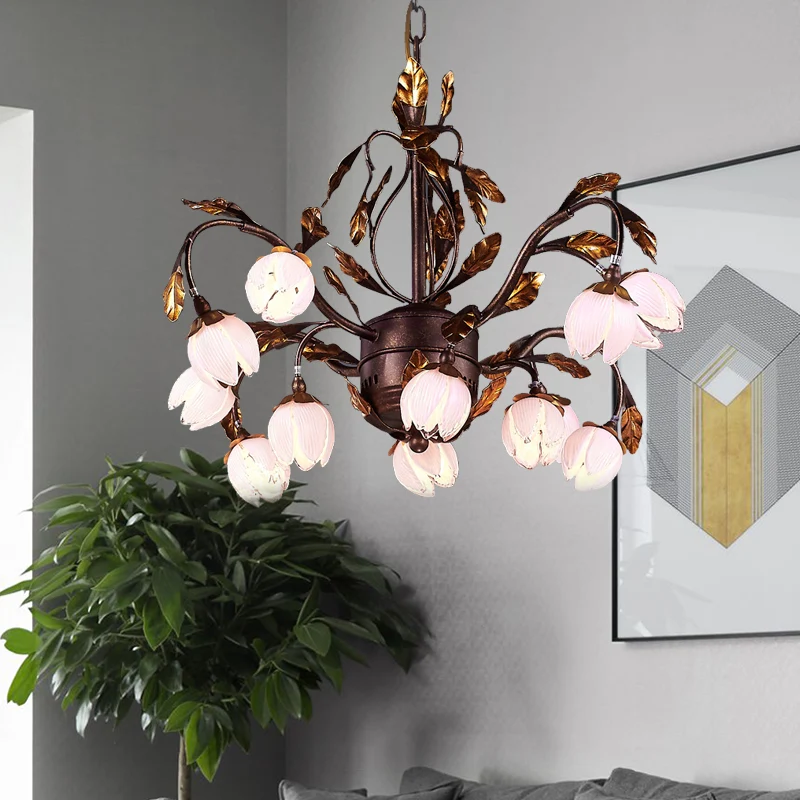 Lustre en verre violet de style campagnard à 12 têtes pour salle à manger, luminaire suspendu en marron Clearhalo