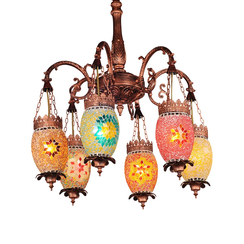 Lustre Vintage en forme de gouttelettes, éclairage suspendu en verre coloré à 6 têtes en cuivre pour Restaurant Clearhalo