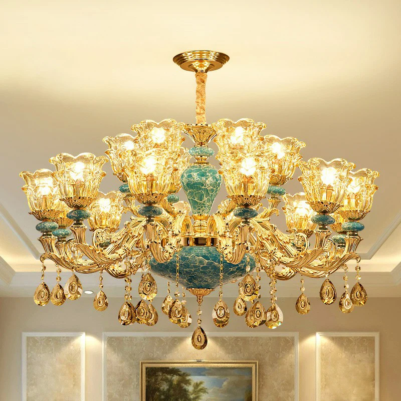 Luxueux lustre traditionnel fleuri à suspension en verre transparent bleu avec gouttes de cristal Clearhalo