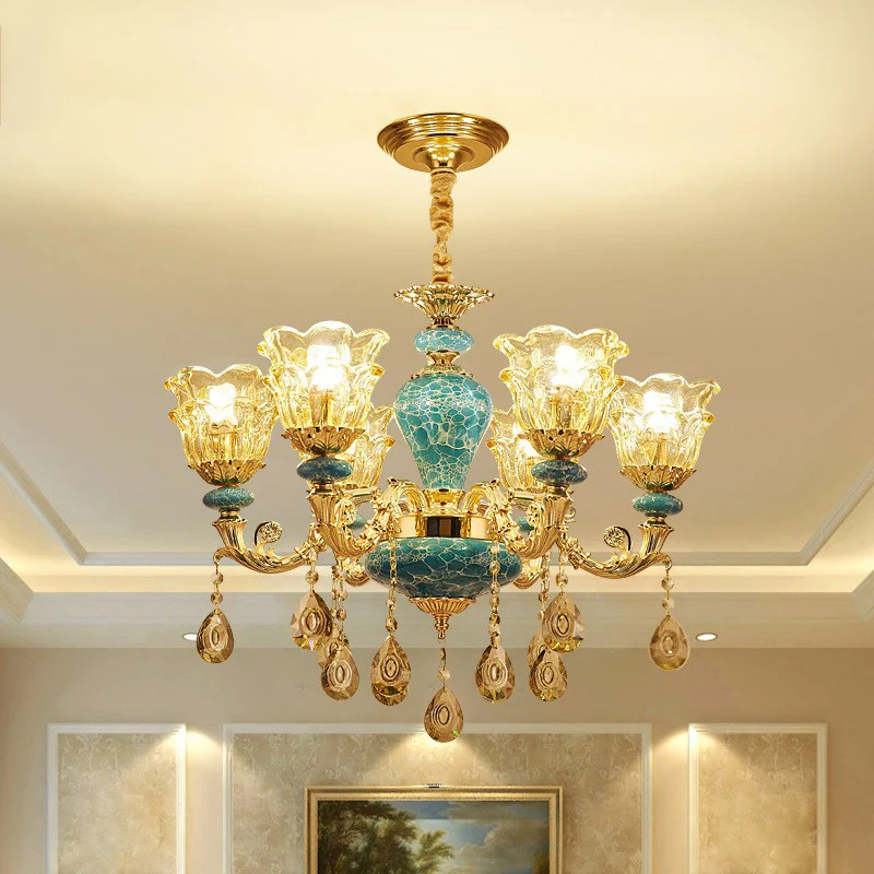 Luxueux lustre traditionnel fleuri à suspension en verre transparent bleu avec gouttes de cristal Clearhalo
