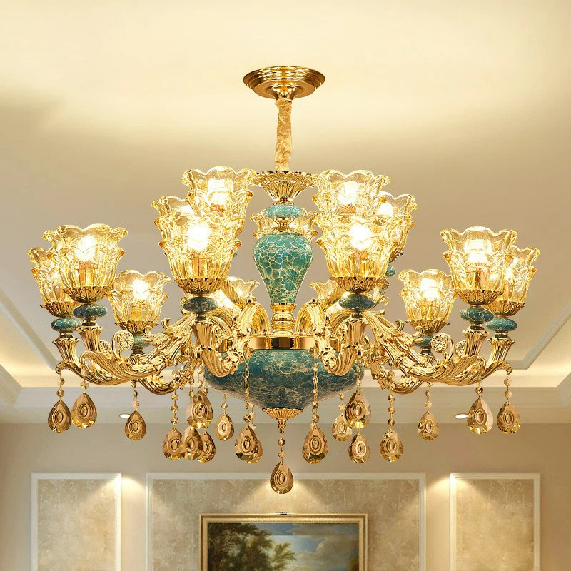 Luxueux lustre traditionnel fleuri à suspension en verre transparent bleu avec gouttes de cristal Clearhalo