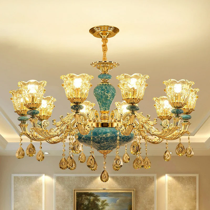 Luxueux lustre traditionnel fleuri à suspension en verre transparent bleu avec gouttes de cristal Clearhalo