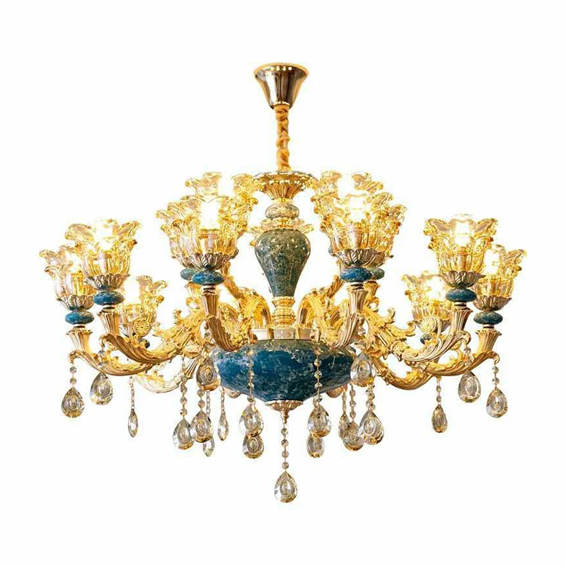 Luxueux lustre traditionnel fleuri à suspension en verre transparent bleu avec gouttes de cristal Clearhalo