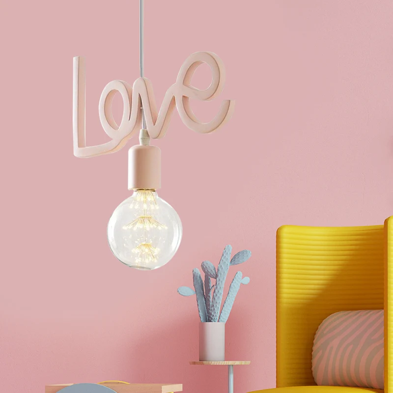 Macaron Ampoule Nue Lampe Goutte Résine 1 Ampoule Suspension de Salon en Rose avec Lettre Design Clearhalo