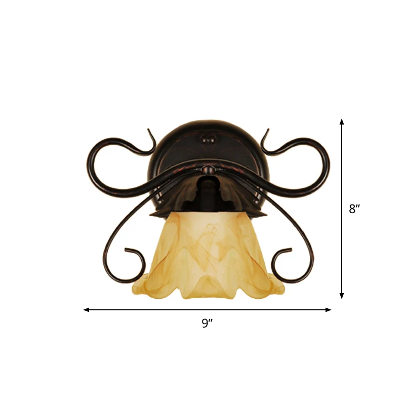 Mini applique murale florale simple, luminaire mural en verre beige pastoral avec bras à volutes en rouge marron Clearhalo