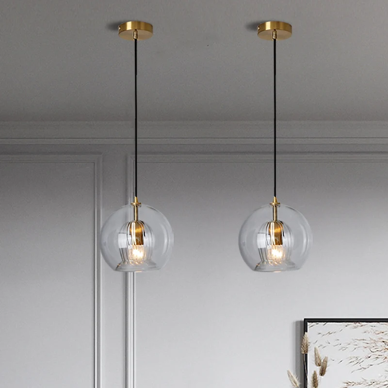 Mini lampe suspendue en verre transparent Global, lampe à suspension postmoderne à 1 lumière en laiton, 6"/10" de large Cl...