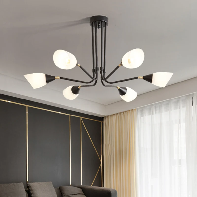 Modernisme 4/6/8 ampoules lustre de plafond noir évasé suspension avec abat-jour en verre laiteux Clearhalo