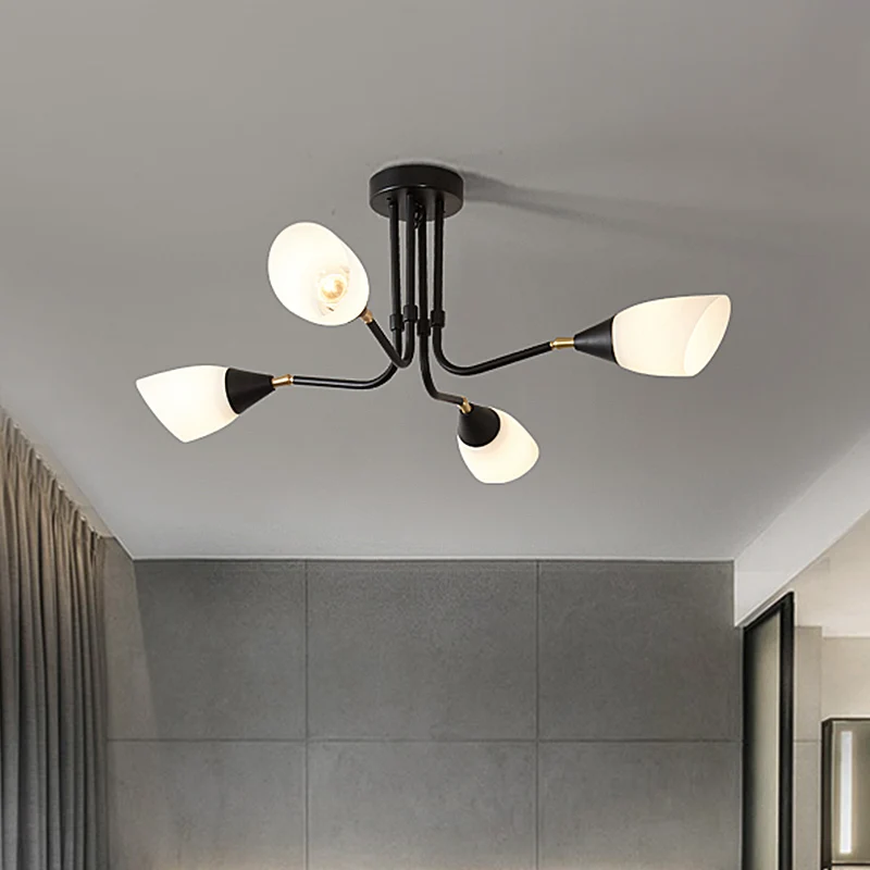 Modernisme 4/6/8 ampoules lustre de plafond noir évasé suspension avec abat-jour en verre laiteux Clearhalo