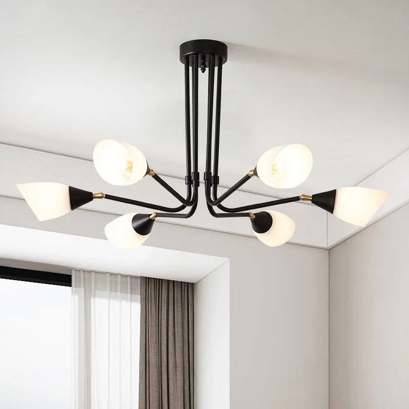 Modernisme 4/6/8 ampoules lustre de plafond noir évasé suspension avec abat-jour en verre laiteux Clearhalo