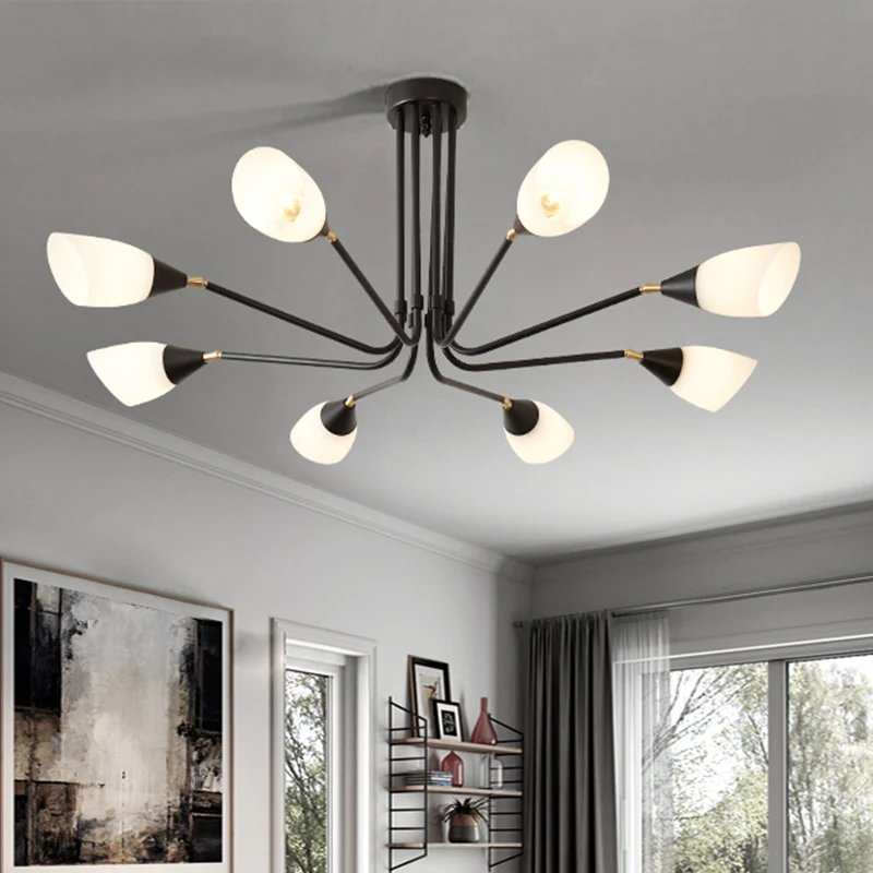 Modernisme 4/6/8 ampoules lustre de plafond noir évasé suspension avec abat-jour en verre laiteux Clearhalo