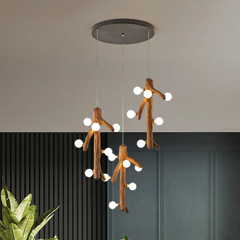 Modernisme Branche Résine Multi Plafonnier 18 Têtes Éclairage Suspendu en Marron avec Conception D'ampoule Exposée Clearhalo